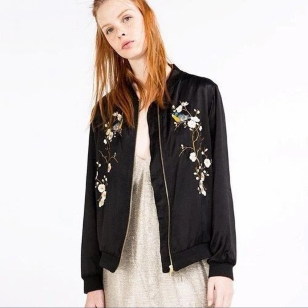 Zara Black Asian Cherry Blossom Embroidered Satin Jacket